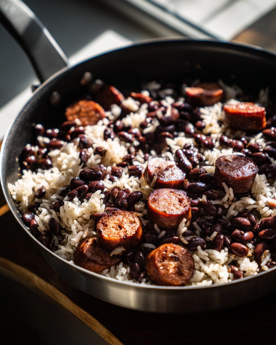 A pan filled with Black Beans and Rice Sausage, featuring sliced sausage, black beans, and rice.