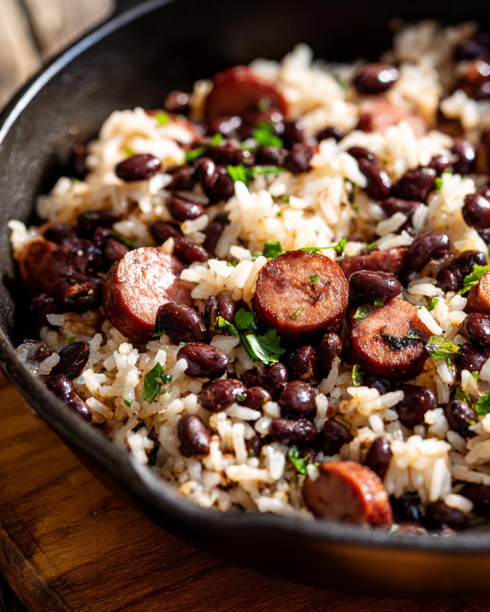 Close-up of Black Beans and Rice Sausage in a skillet with sliced sausage and fresh parsley.