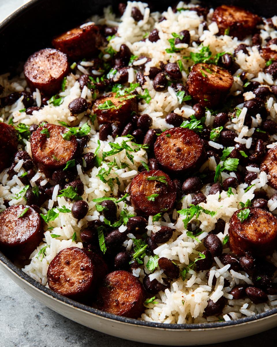 A hearty serving of Black Beans and Rice Sausage, garnished with fresh parsley.