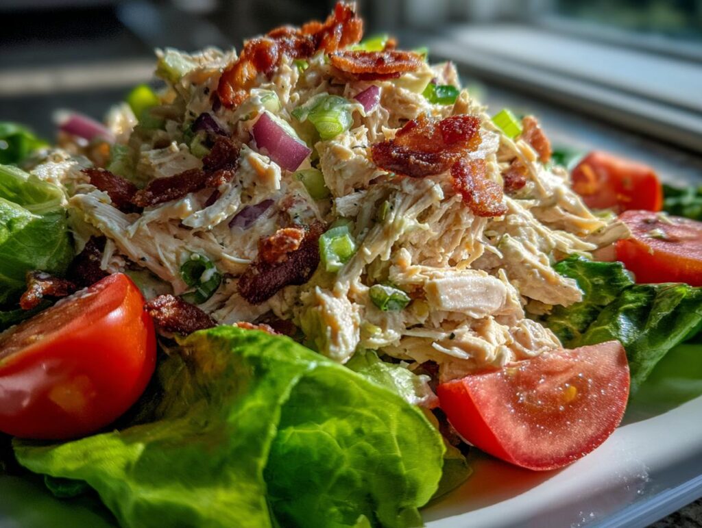 A vibrant BLT Chicken Salad featuring shredded chicken, crispy bacon, lettuce, and juicy tomato wedges.
