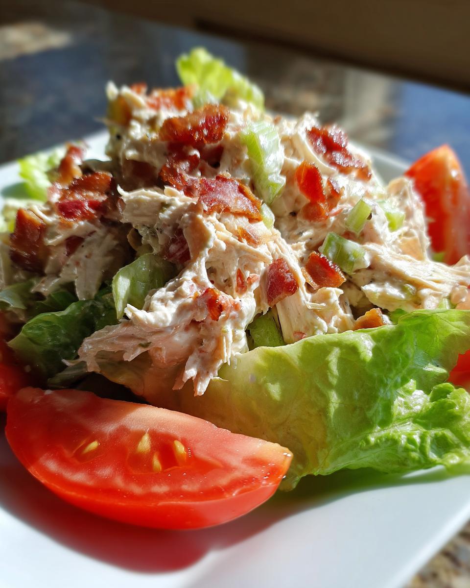 A serving of BLT Chicken Salad on a bed of lettuce with tomato slices and crispy bacon bits.