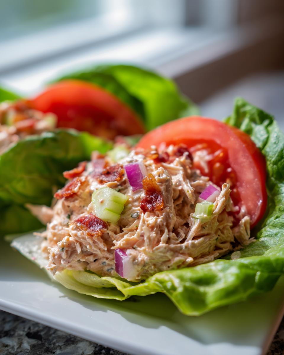 Close-up of BLT Chicken Salad served in lettuce wraps with tomato, bacon, red onion, and cucumber.