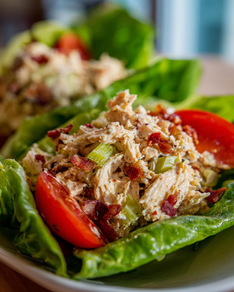 Close-up of BLT Chicken Salad served in crisp lettuce cups with tomato slices and crispy bacon bits.