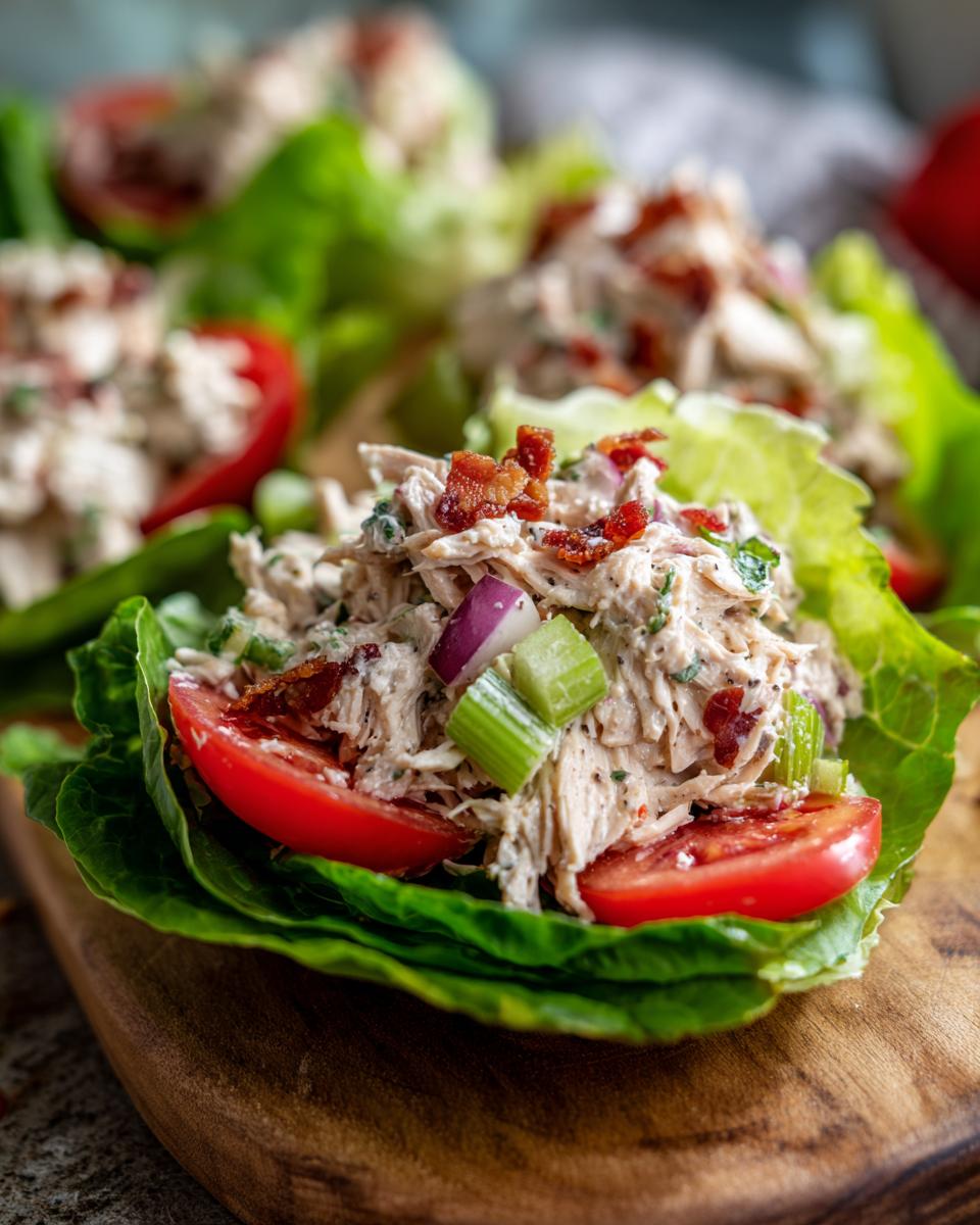 Close-up of BLT Chicken Salad served in lettuce wraps with tomato, celery, red onion, and bacon bits.