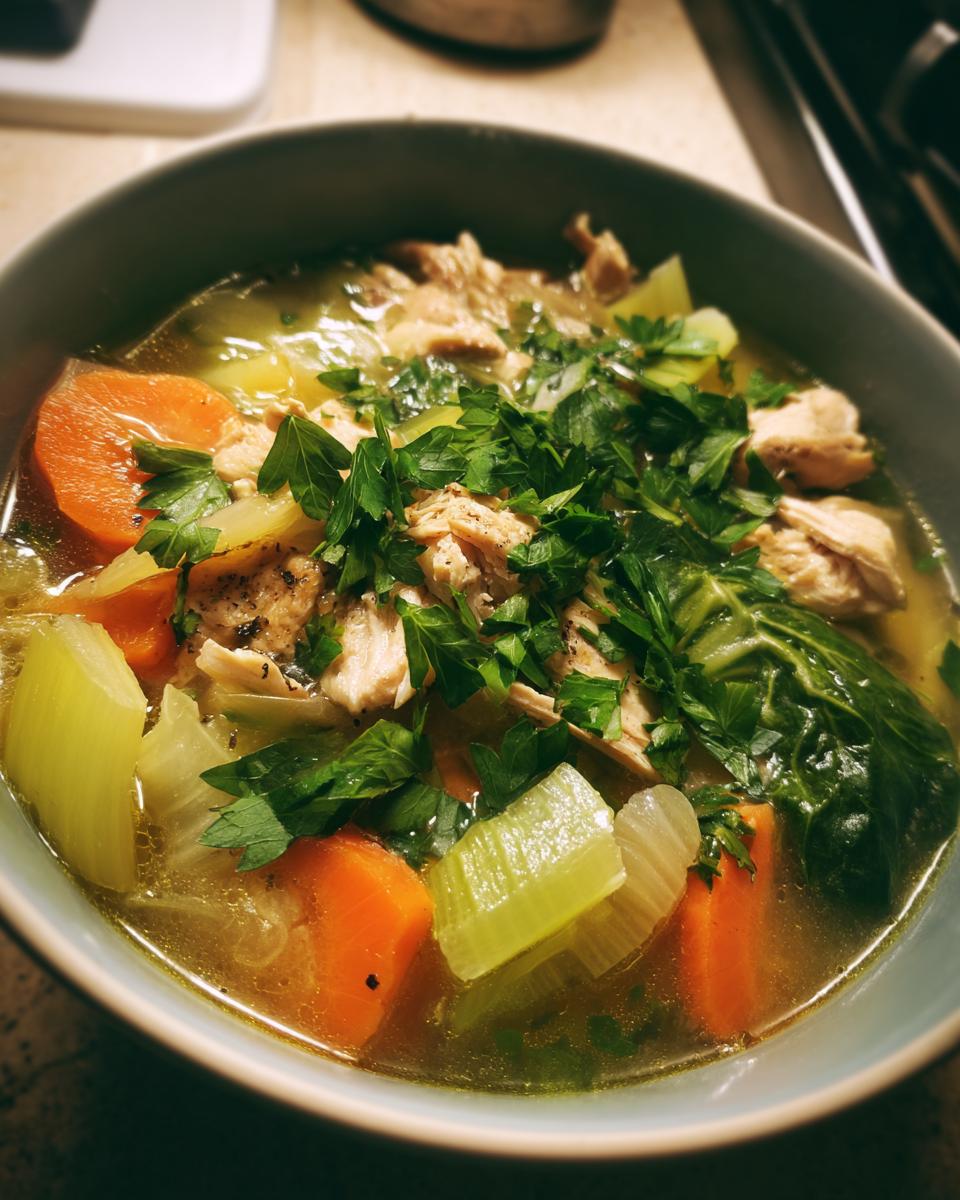 A bowl of Hearty Bokchoy Chicken Soup with carrots, celery, bok choy, chicken, and parsley.