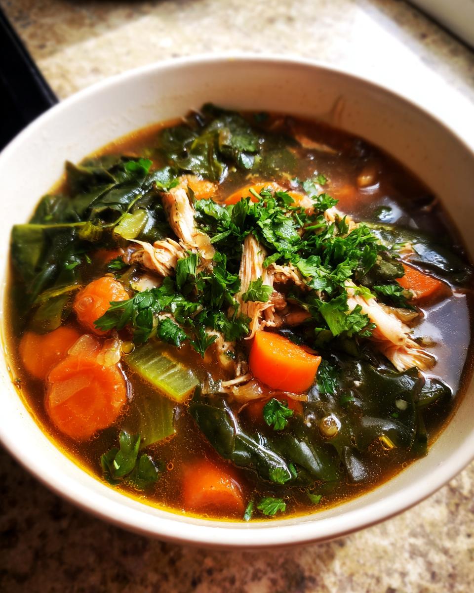 A bowl of Hearty Bokchoy Chicken Soup, featuring bok choy, chicken, carrots, celery, and parsley.