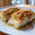 Two fillets of Boston Baked Cod on a white plate, topped with golden breadcrumbs and herbs.