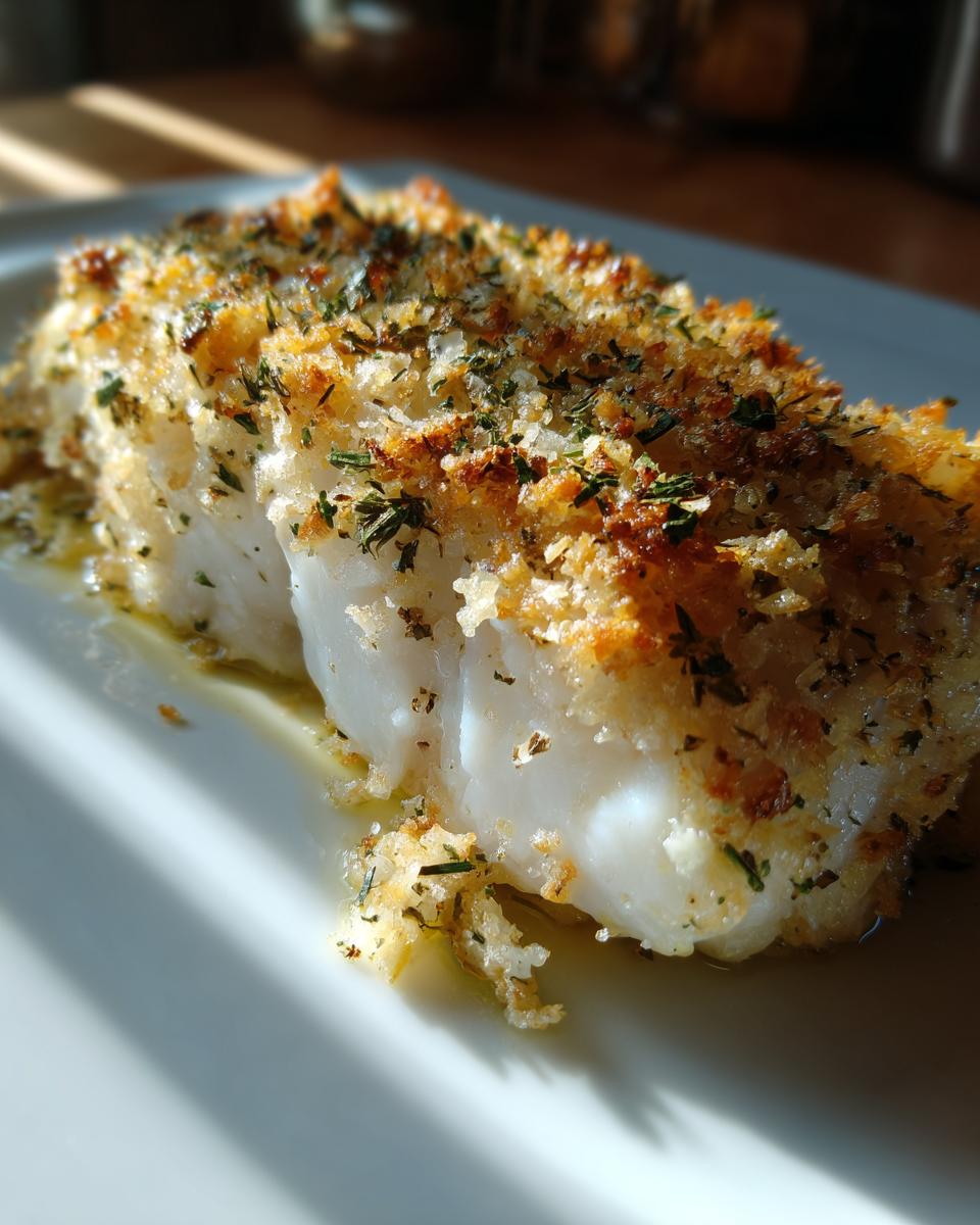 Close-up of Boston Baked Cod with a golden crust and herb garnish on a white plate.