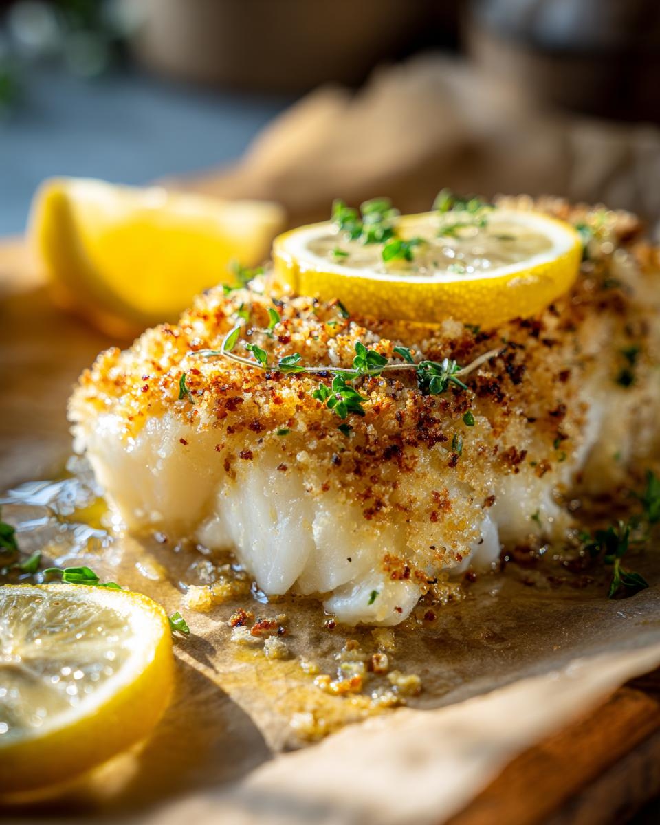 Close-up of Boston Baked Cod topped with lemon slices and herbs, showcasing its golden crust.