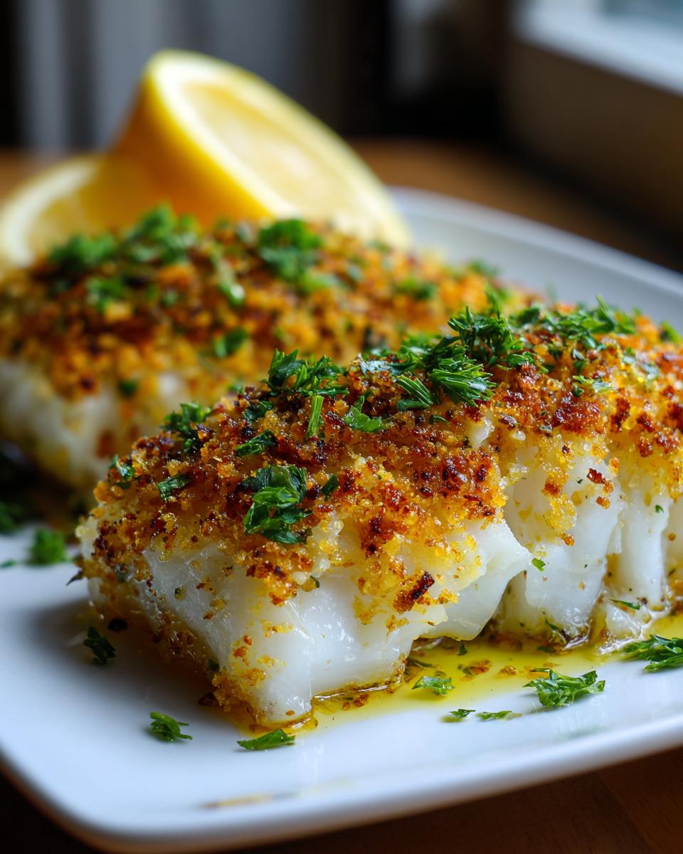 Two pieces of Boston Baked Cod on a white plate, garnished with parsley and served with a lemon wedge.