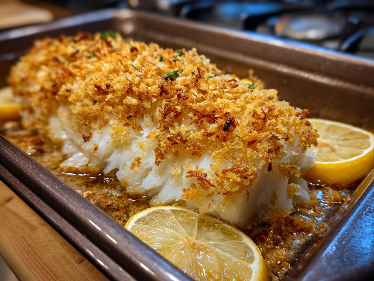A close-up of Boston Baked Cod with a golden crust, served with lemon slices on a baking sheet.