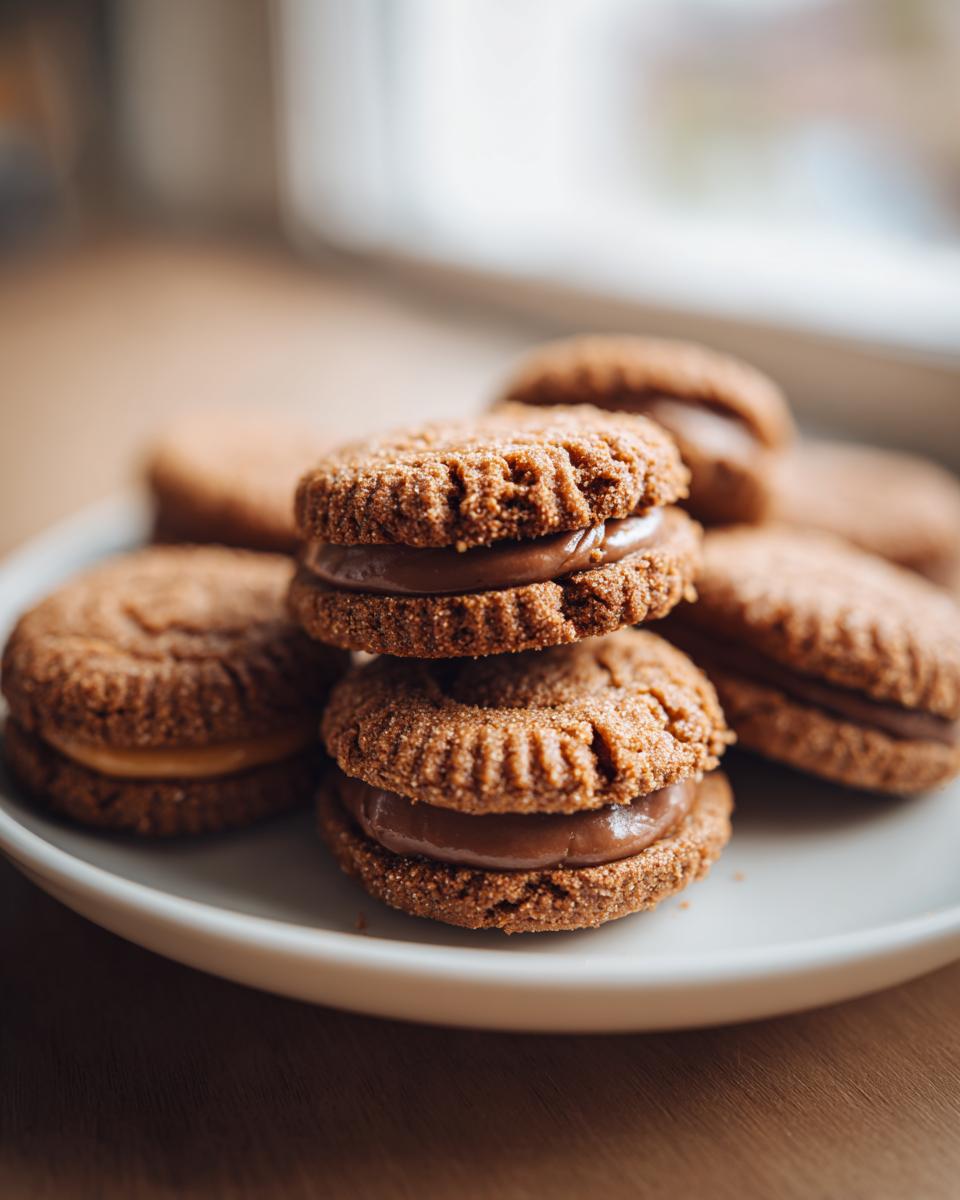 A stack of Buckeye Graham Crackers on a white plate, showcasing the chocolate filling.