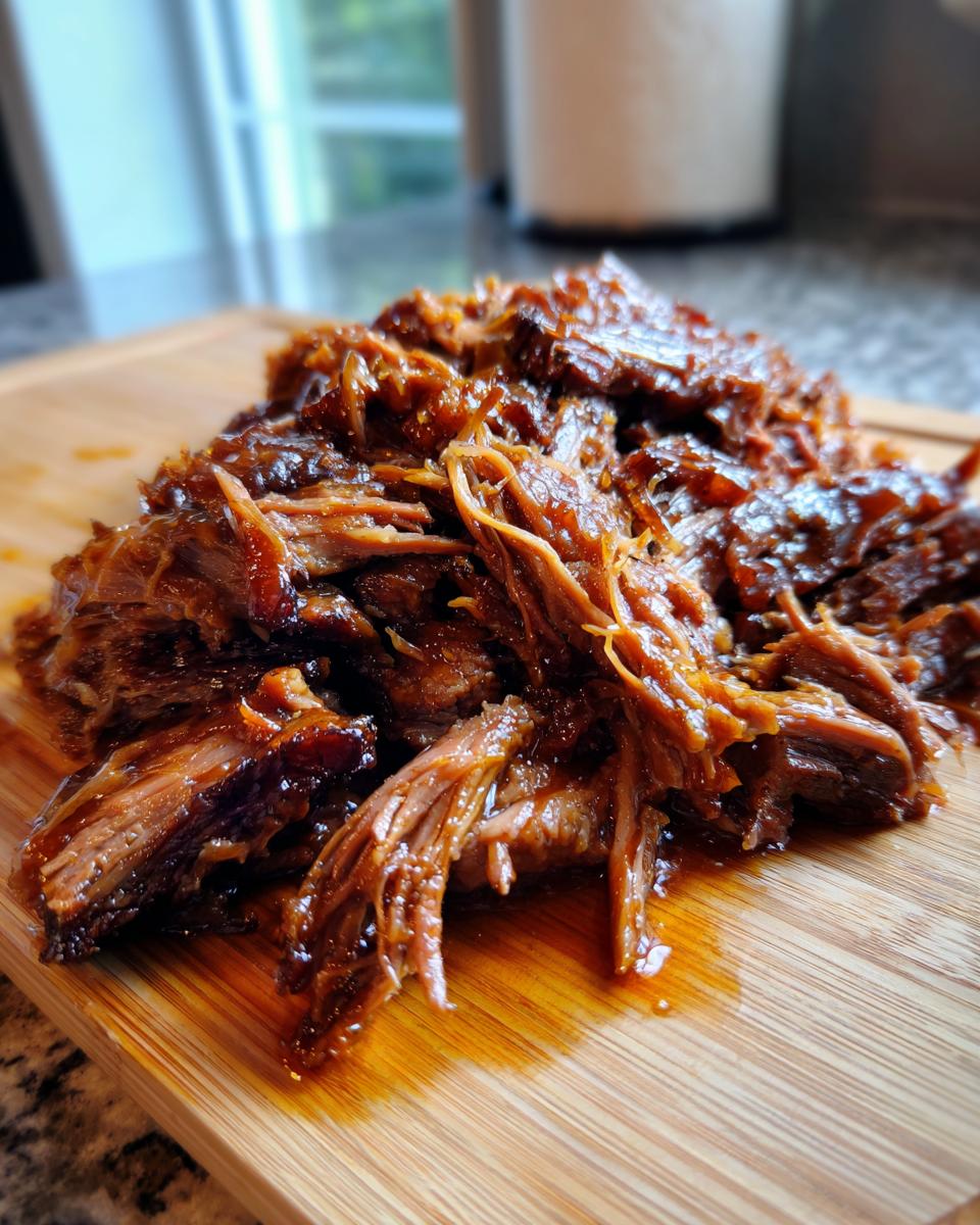Close-up of Caramelized Pulled Beef Brisket on a wooden cutting board, glistening with sauce.