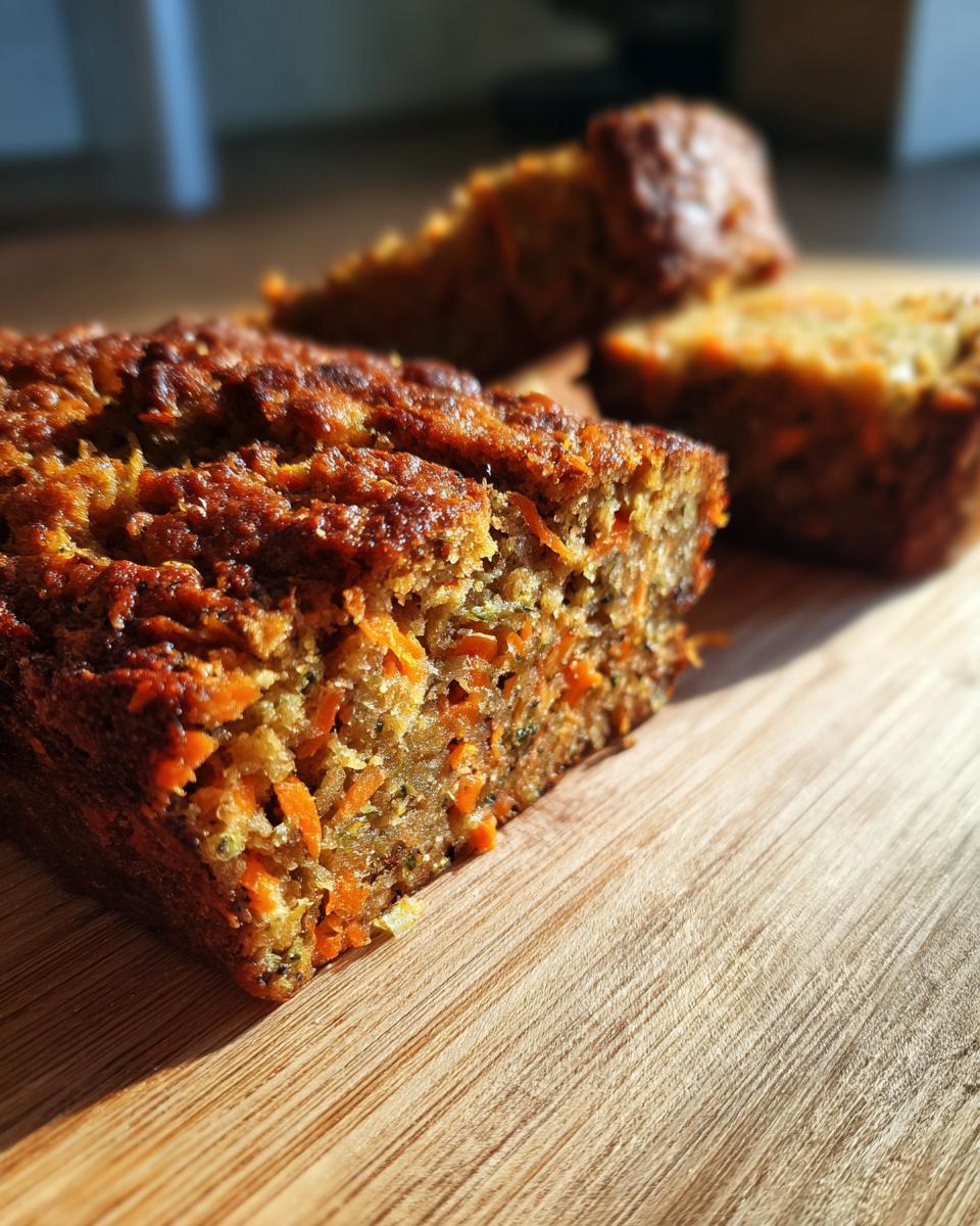 A close-up shot of freshly baked Carrot And Zucchini Bars on a wooden surface, showcasing the moist texture.