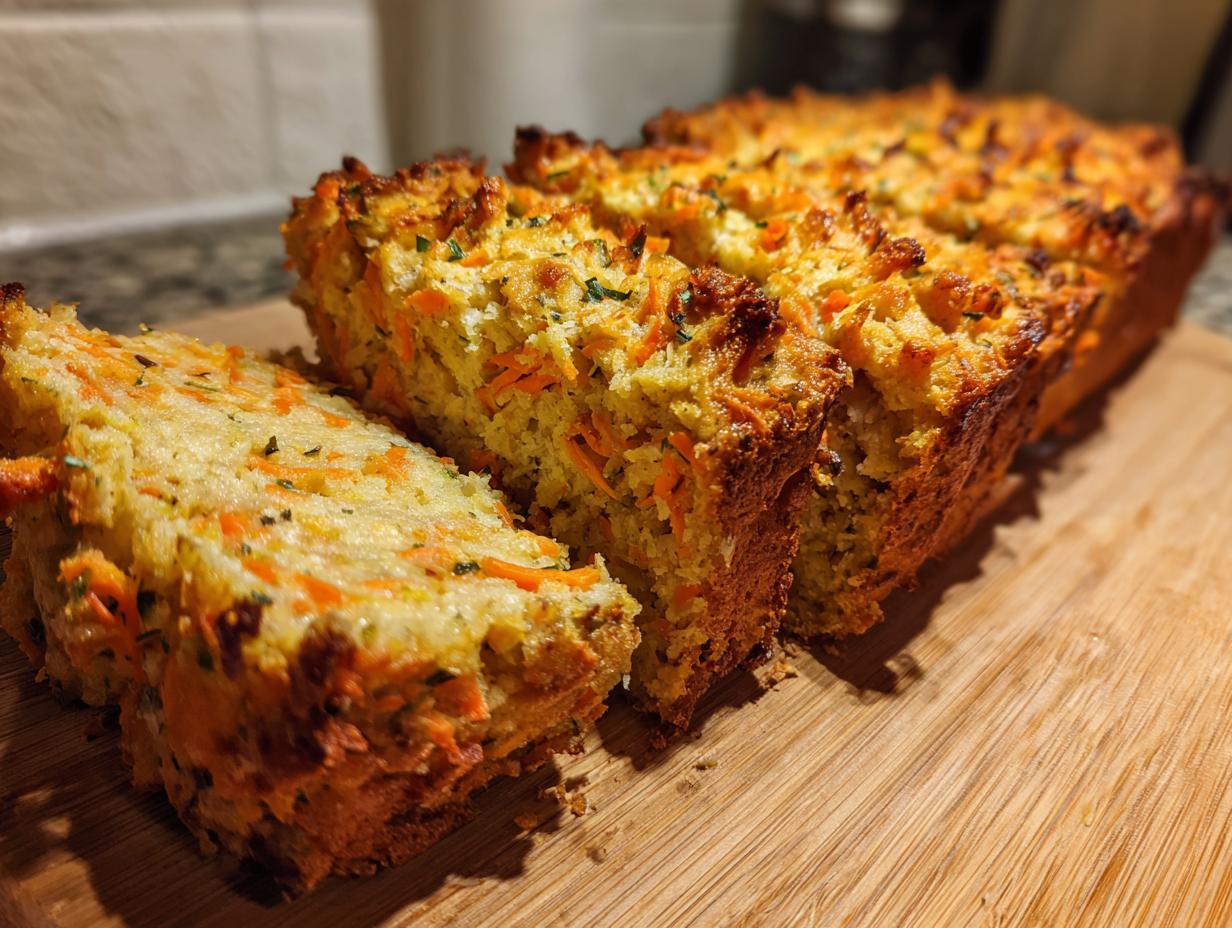 Close-up of sliced Carrot And Zucchini Bars loaf on a wooden board, showing the moist texture and vegetable pieces.