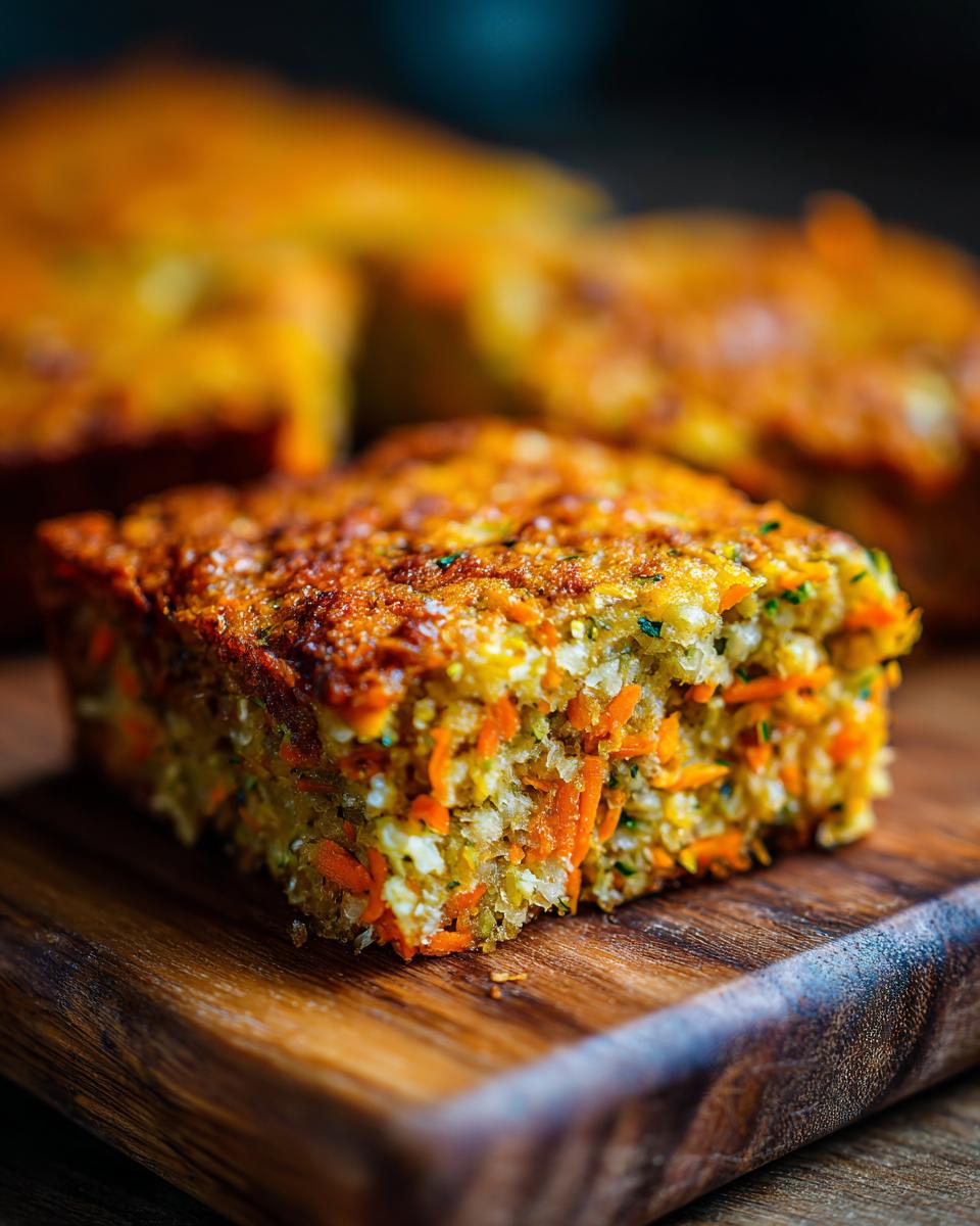 Close-up of a slice of Carrot And Zucchini Bars on a wooden board, showcasing the moist texture and vegetable mix.
