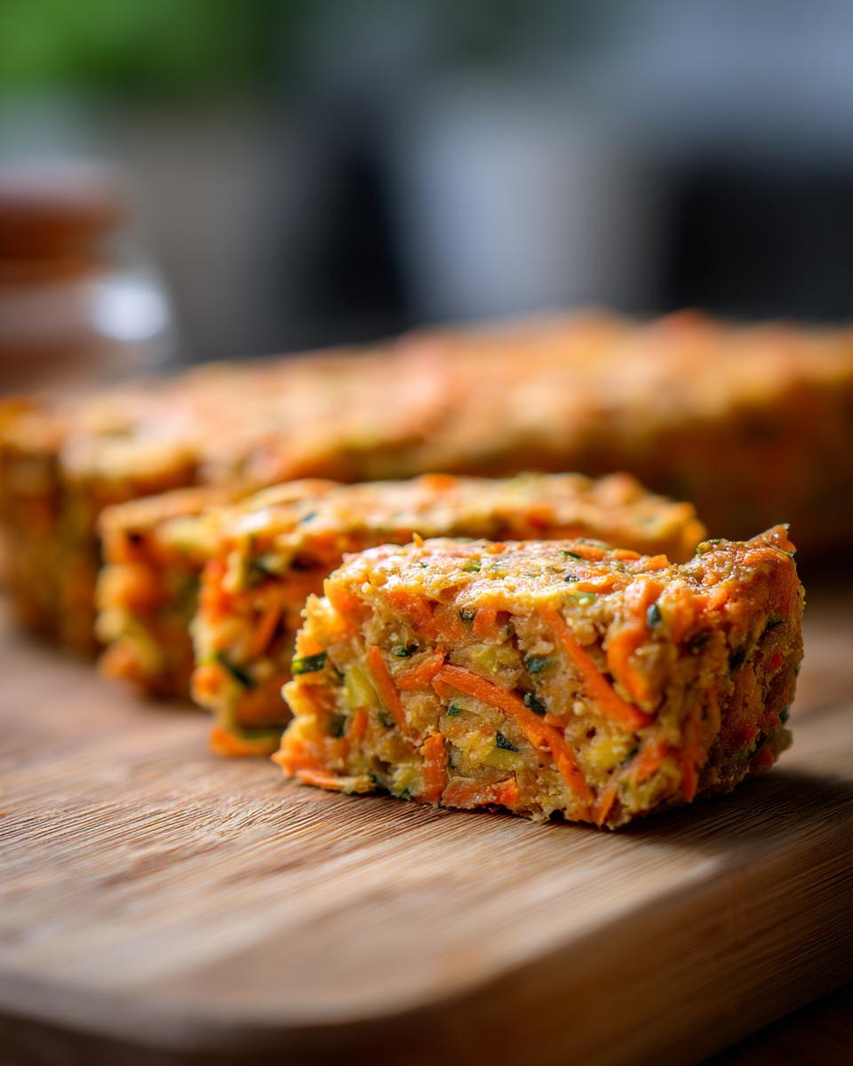 Close-up of sliced Carrot And Zucchini Bars on a wooden board, showcasing the moist texture and vegetable mix.