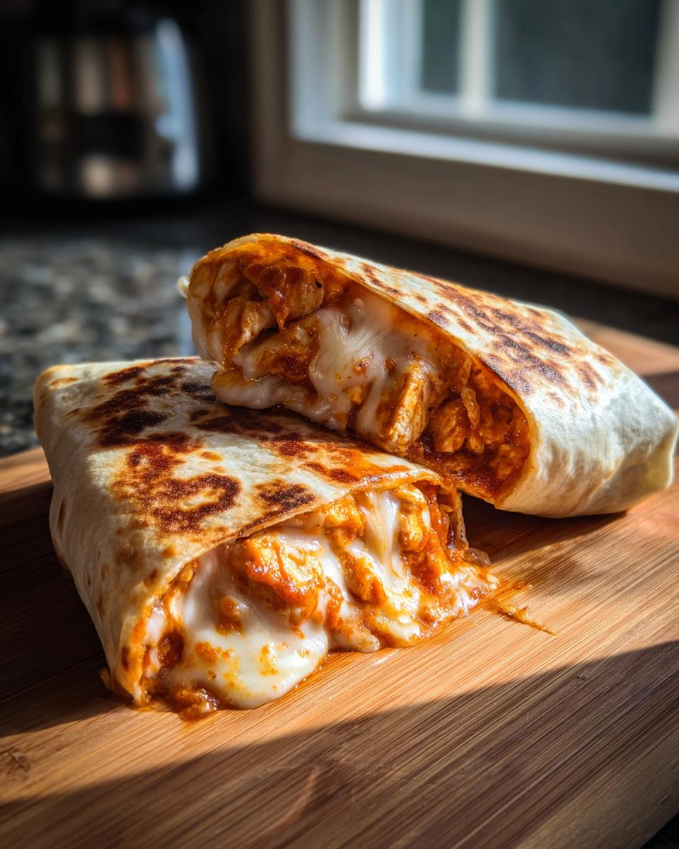 Two halves of a Cheesy Buffalo Chicken Burrito showing the melted cheese and chicken filling.
