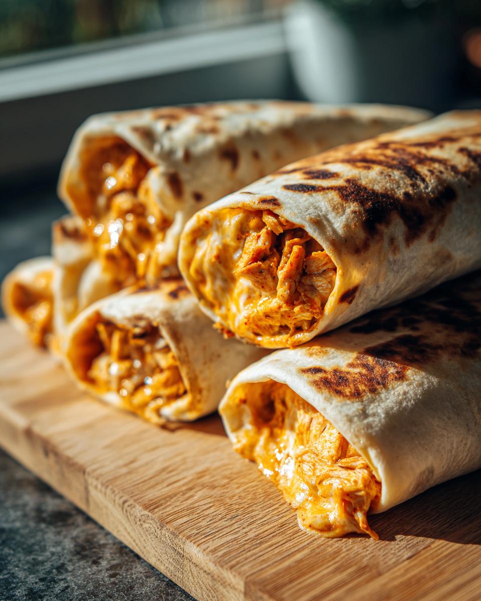 A stack of delicious Cheesy Buffalo Chicken Burritos on a wooden board, with visible chicken and cheese filling.