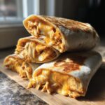 A stack of three cheesy buffalo chicken burritos cut in half, showcasing the chicken and cheese filling.