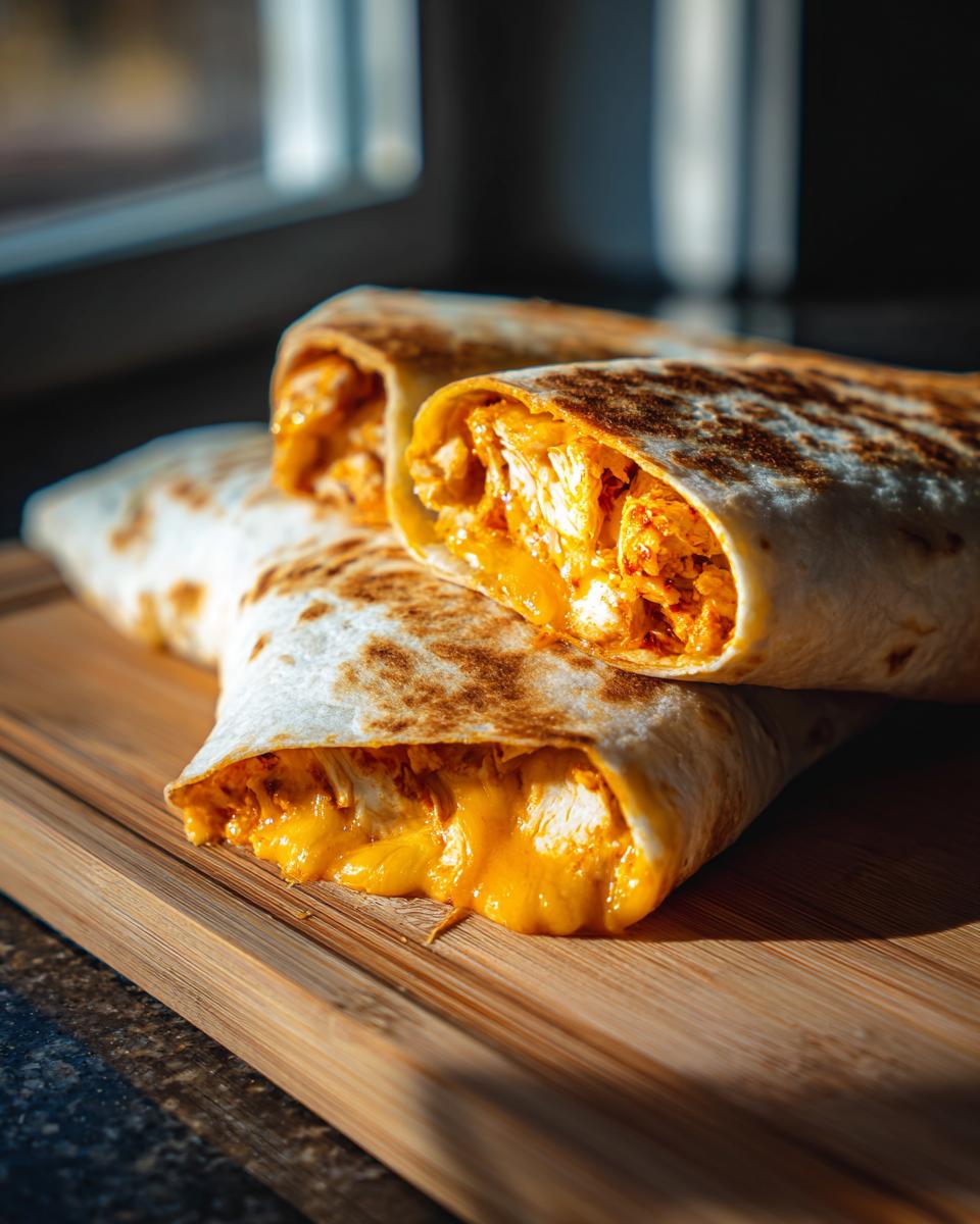 Three Cheesy Buffalo Chicken Burritos stacked on a wooden cutting board, showcasing the melted cheese and chicken filling.