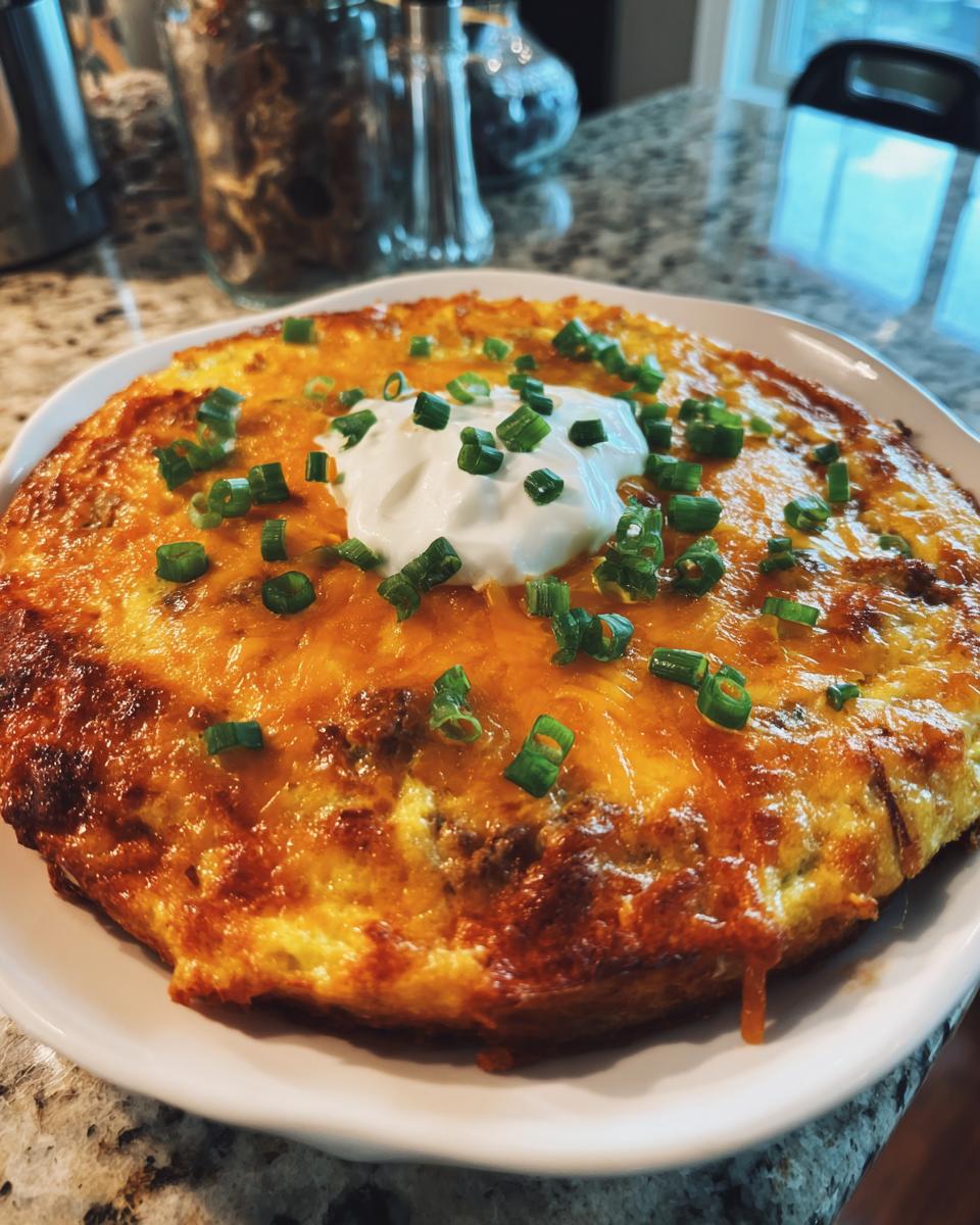Overhead shot of a cheesy frittata topped with sour cream and chopped chives. Not a Peach Watermelon Salad.