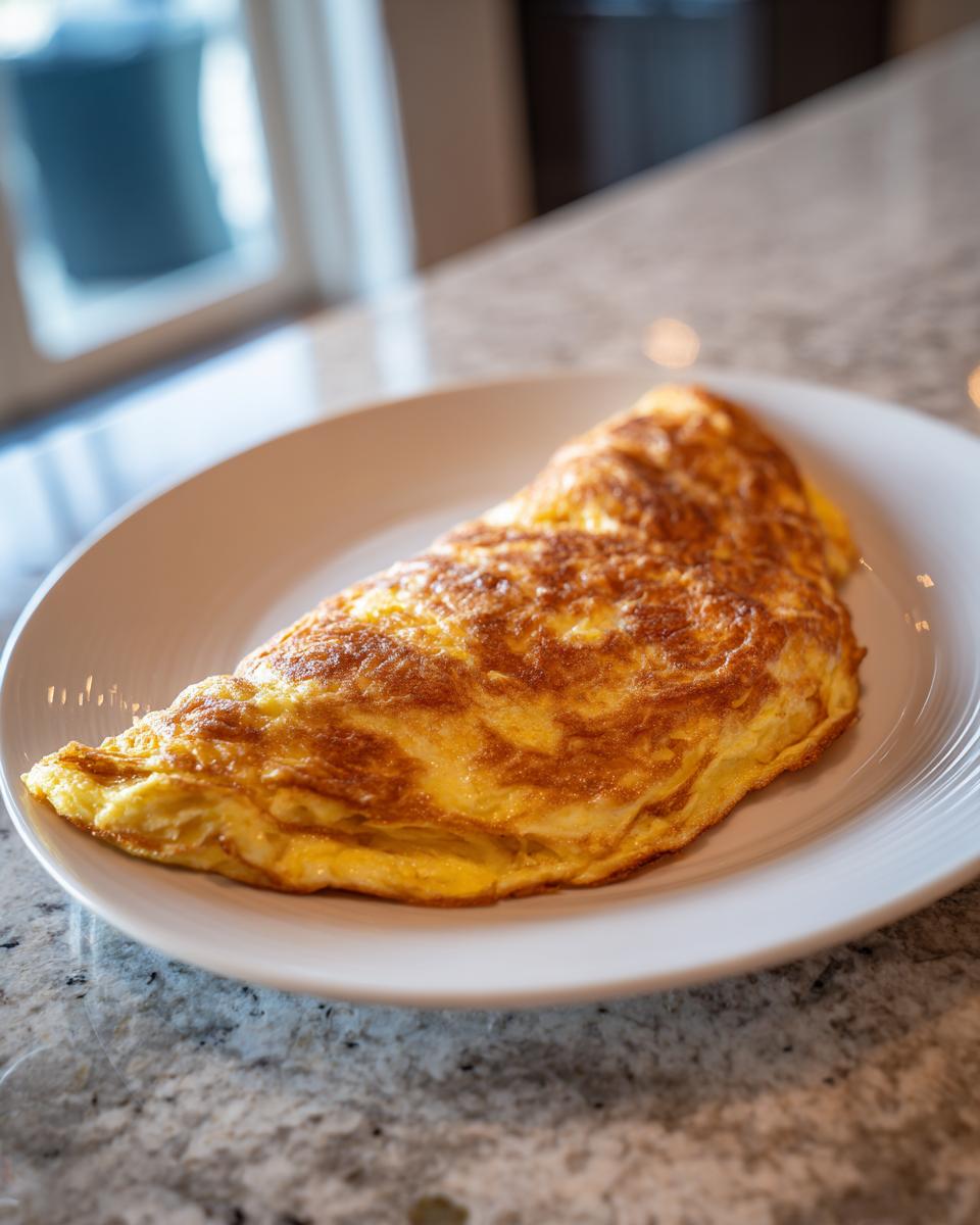 A golden cheesy omelette sits on a white plate, ready to be enjoyed.