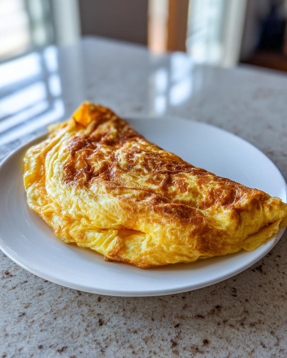 Delicious, golden-brown cheesy omelette served on a white plate, ready to eat. 