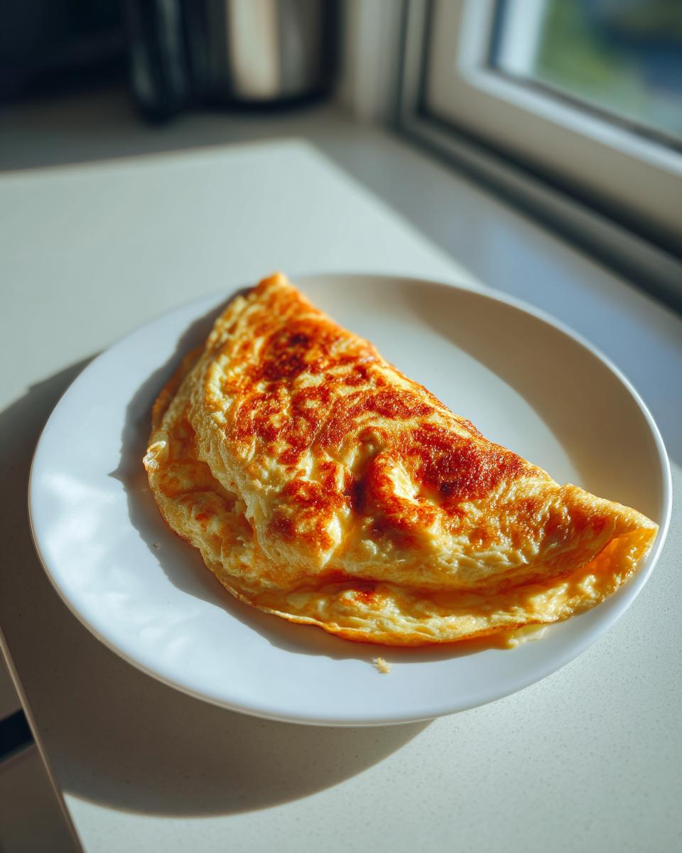 A freshly cooked cheesy omelette, folded on a white plate, bathed in sunlight near a window.