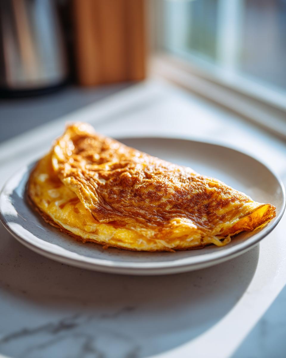 A golden, cheesy omelette sits on a plate, ready to be enjoyed. Perfect for a quick and tasty meal.