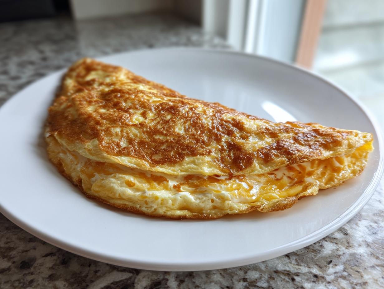 A golden, folded cheesy omelette sits on a white plate, showcasing its melted cheese filling.