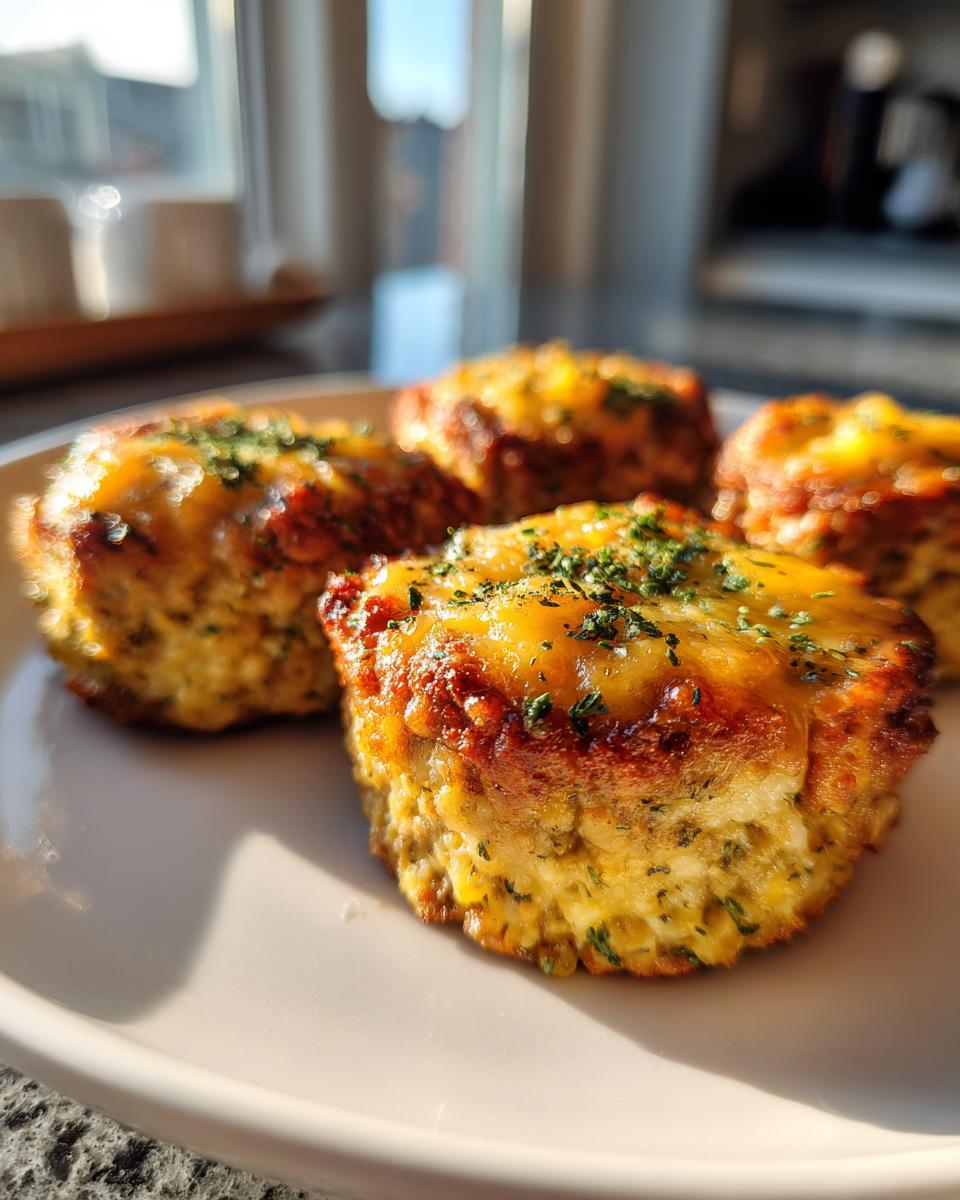 Four Cheesy Stuffed Meatloaf Bites on a white plate, garnished with herbs, ready to eat.