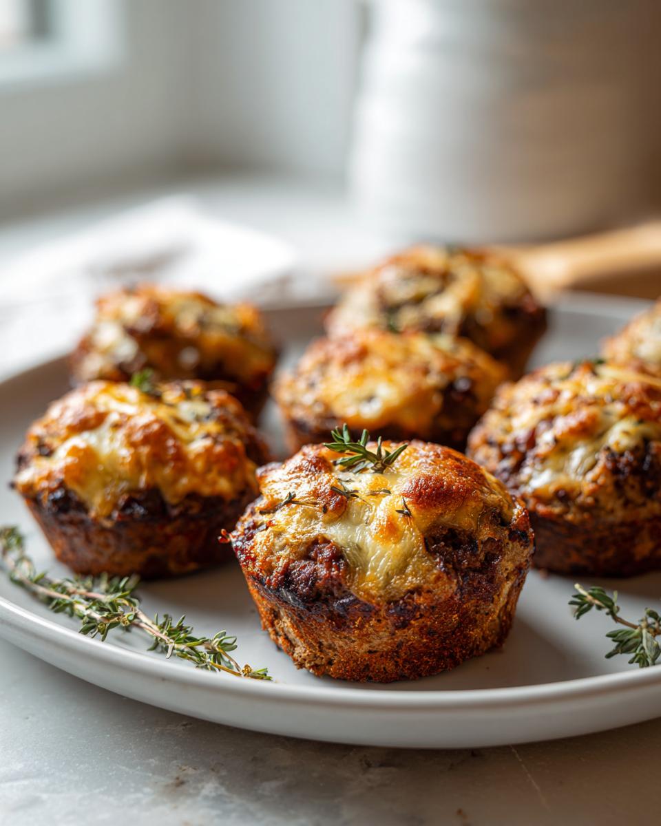 A plate of delicious Cheesy Stuffed Meatloaf Bites, topped with melted cheese and fresh thyme.