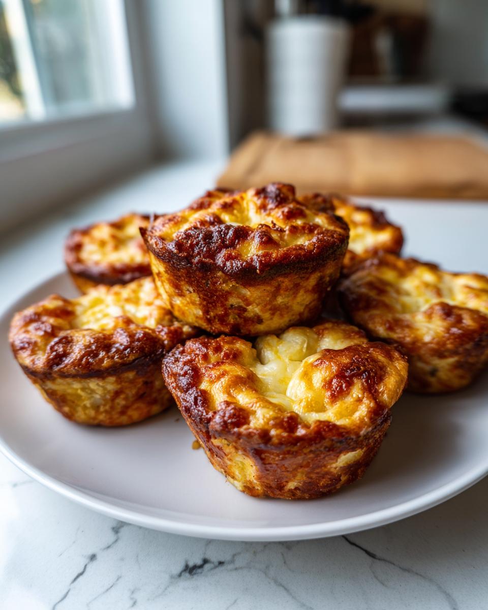 A plate of golden brown Cheesy Stuffed Meatloaf Bites, fresh from the oven and ready to eat.