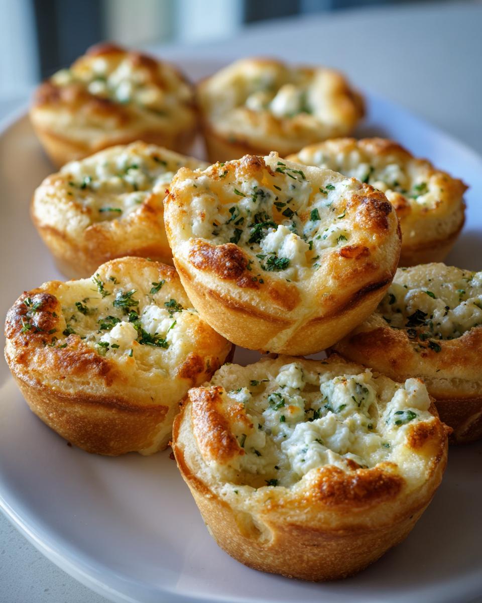 A platter of freshly baked Cheesy Thumbprint Appetizers, golden brown and filled with a creamy, cheesy mixture and herbs.
