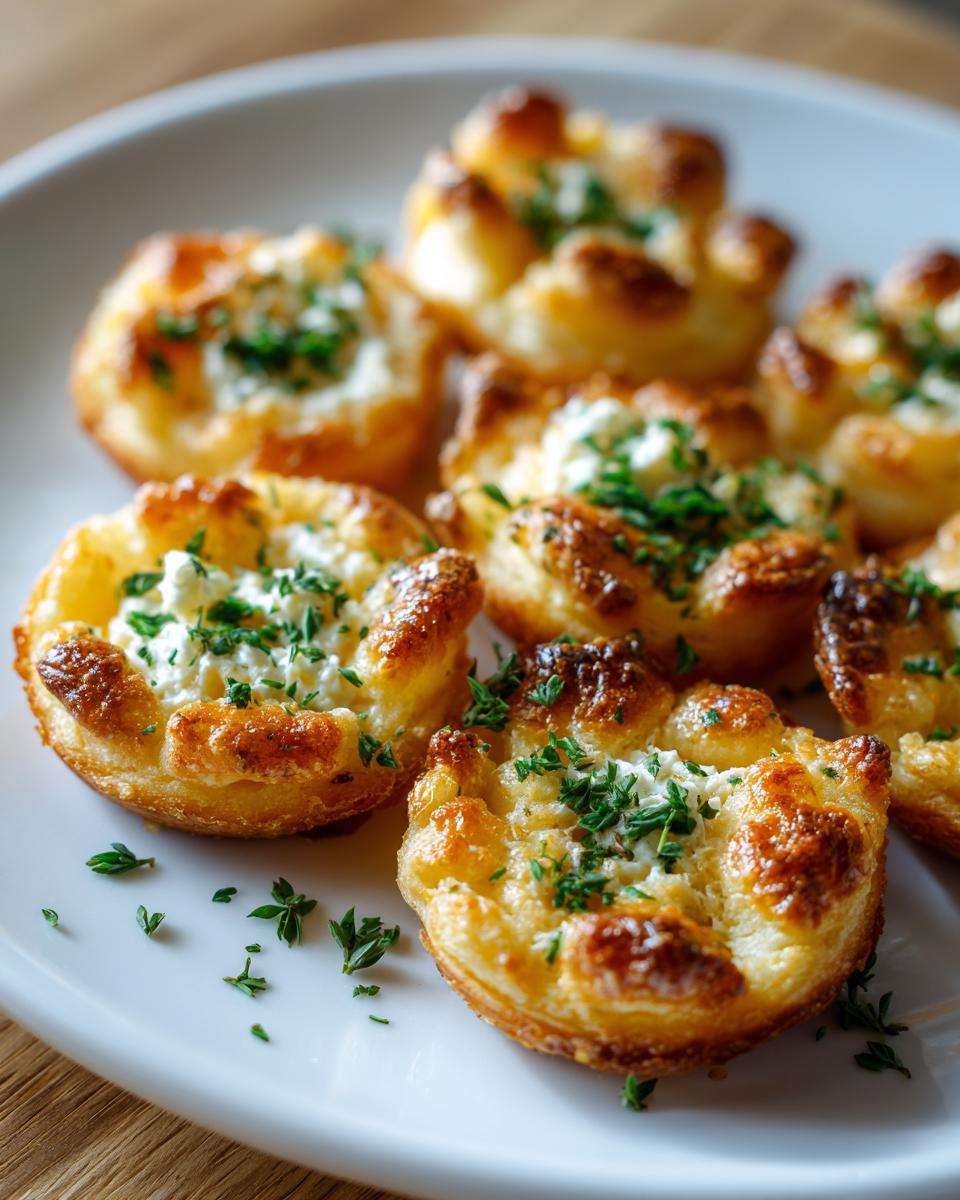 Close-up of Cheesy Thumbprint Appetizers on a white plate, garnished with fresh herbs.