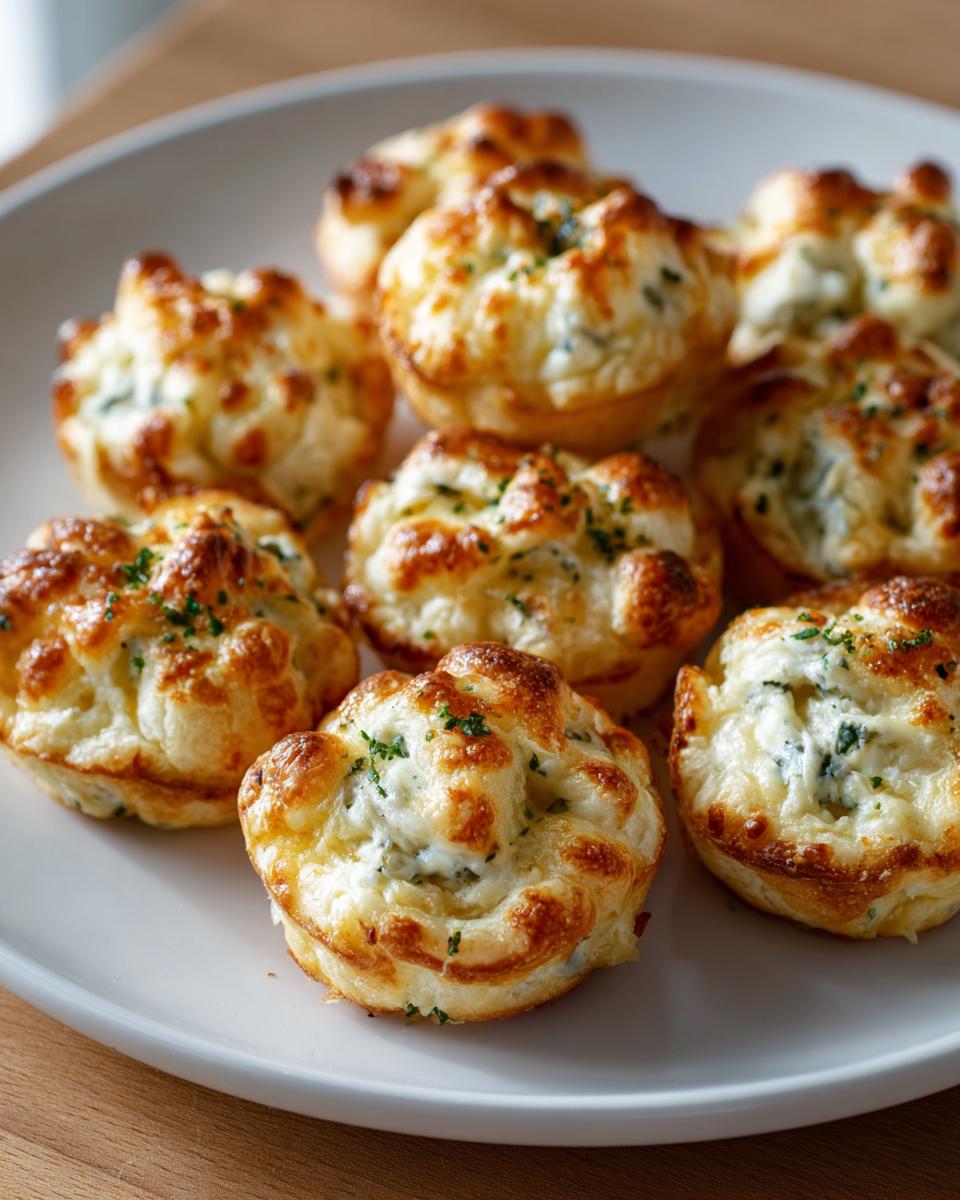 A plate of freshly baked Cheesy Thumbprint Appetizers, golden brown and garnished with herbs.