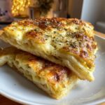 Two slices of cheesy tortilla garlic bread stacked on a plate, showcasing the layers of cheese and herbs.