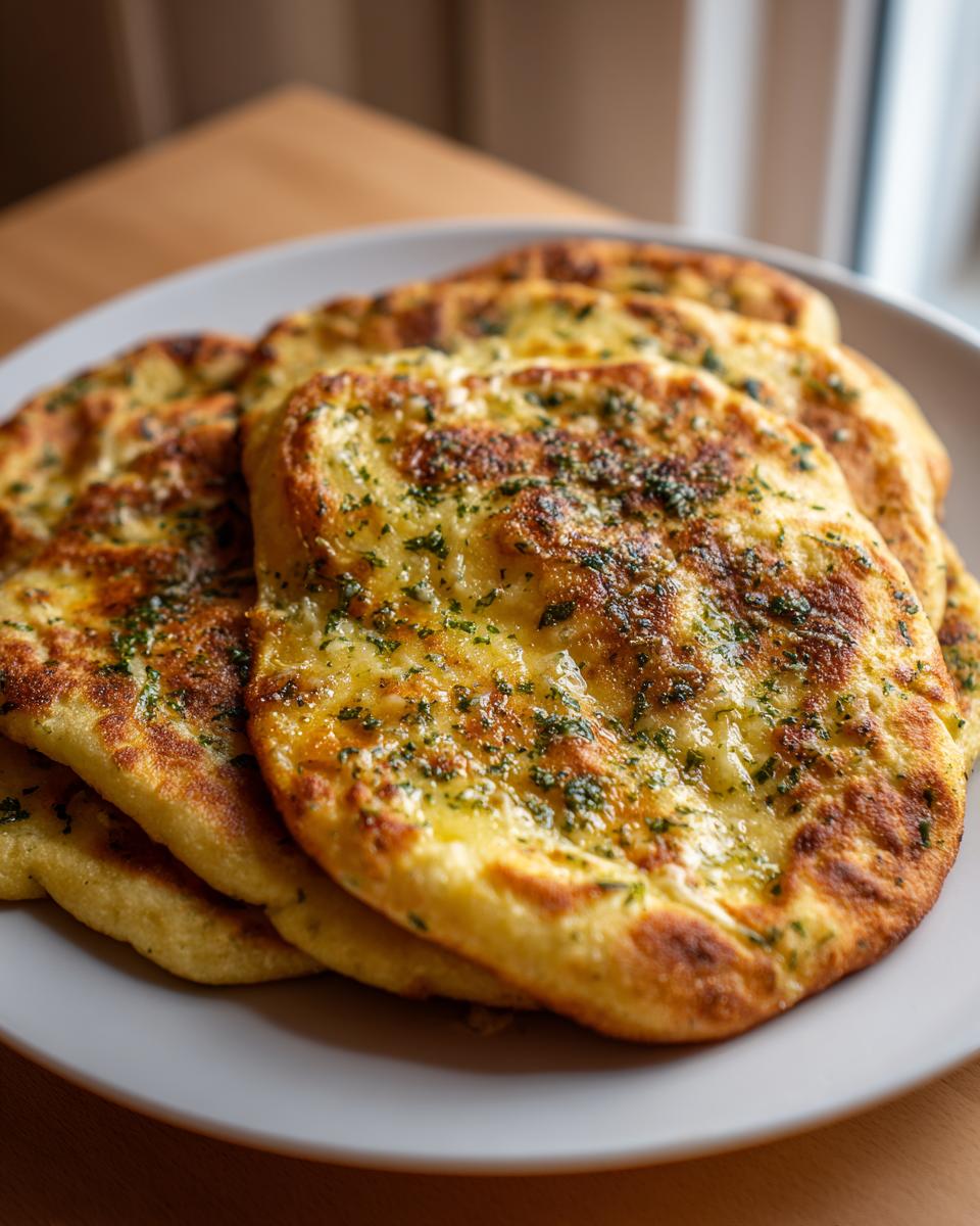 A stack of golden, cheesy tortilla garlic bread topped with herbs on a plate.