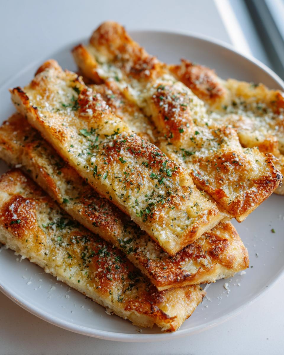 Close-up of Cheesy Tortilla Garlic Bread strips, topped with cheese and herbs on a plate.