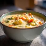 A bowl of creamy Cheesy Vegetable Chowder with carrots, broccoli, and potatoes.