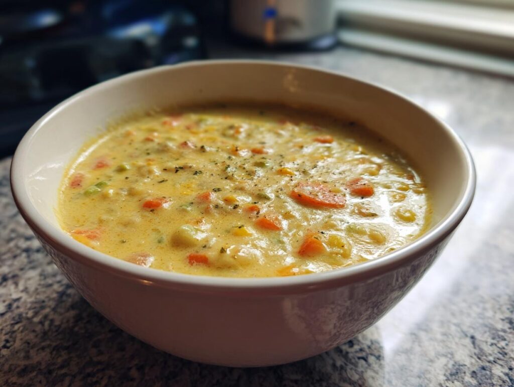 A bowl of creamy Cheesy Vegetable Chowder with visible carrots, corn, and herbs.
