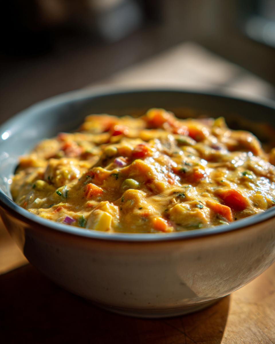 Close-up of a bowl filled with creamy Cheesy Vegetable Chowder, showcasing colorful vegetables.