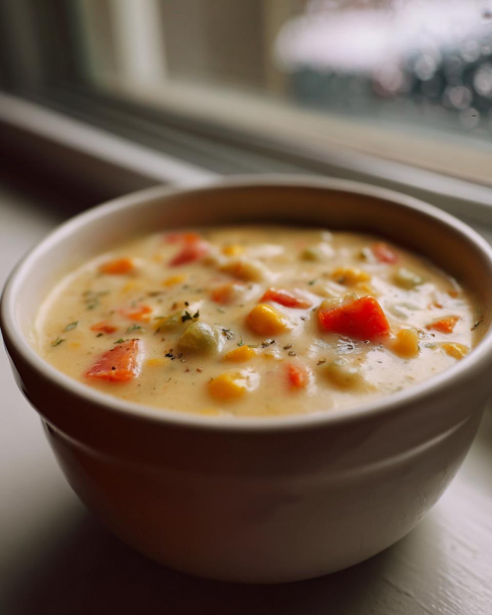 A bowl of creamy Cheesy Vegetable Chowder with visible chunks of corn, carrots, and other vegetables.