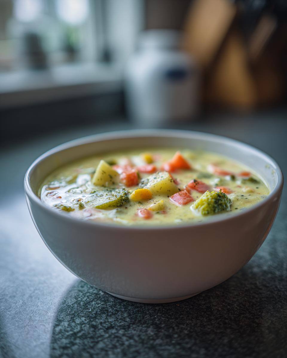 A bowl of creamy Cheesy Vegetable Chowder featuring potatoes, carrots, broccoli, and corn.