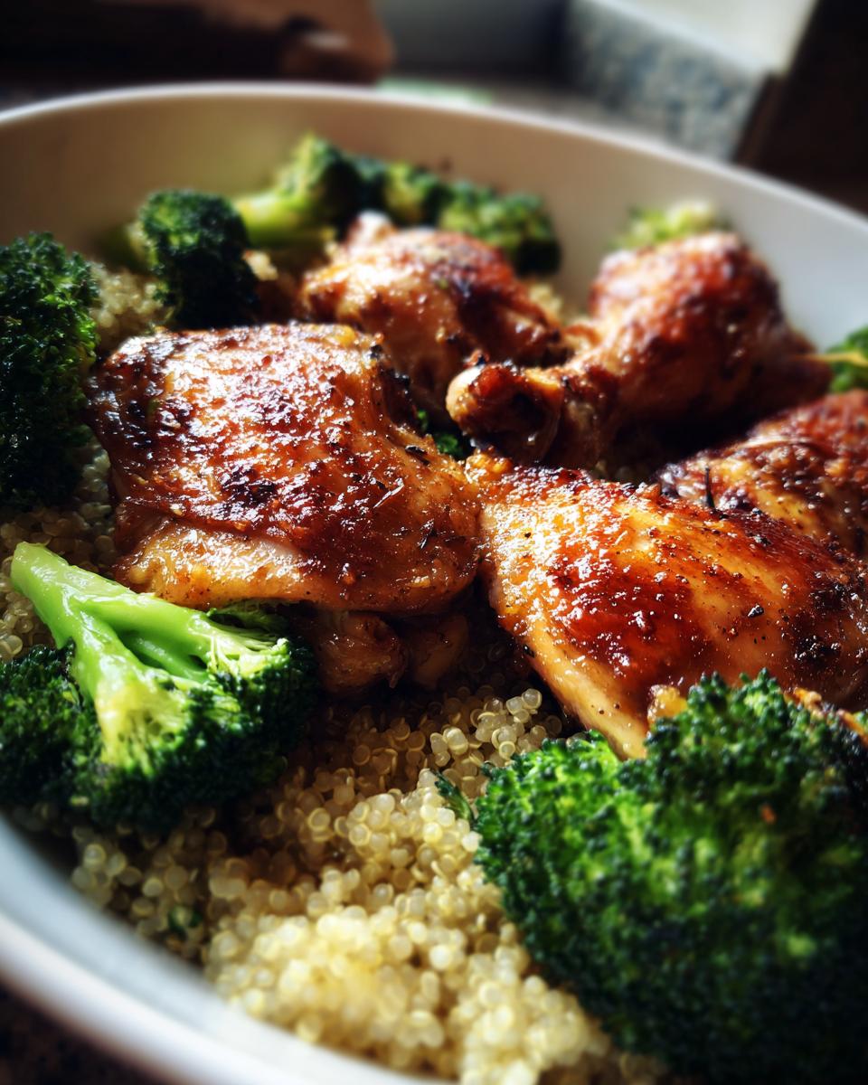A bowl of perfect comfy, high protein meal with chicken, broccoli, and quinoa.