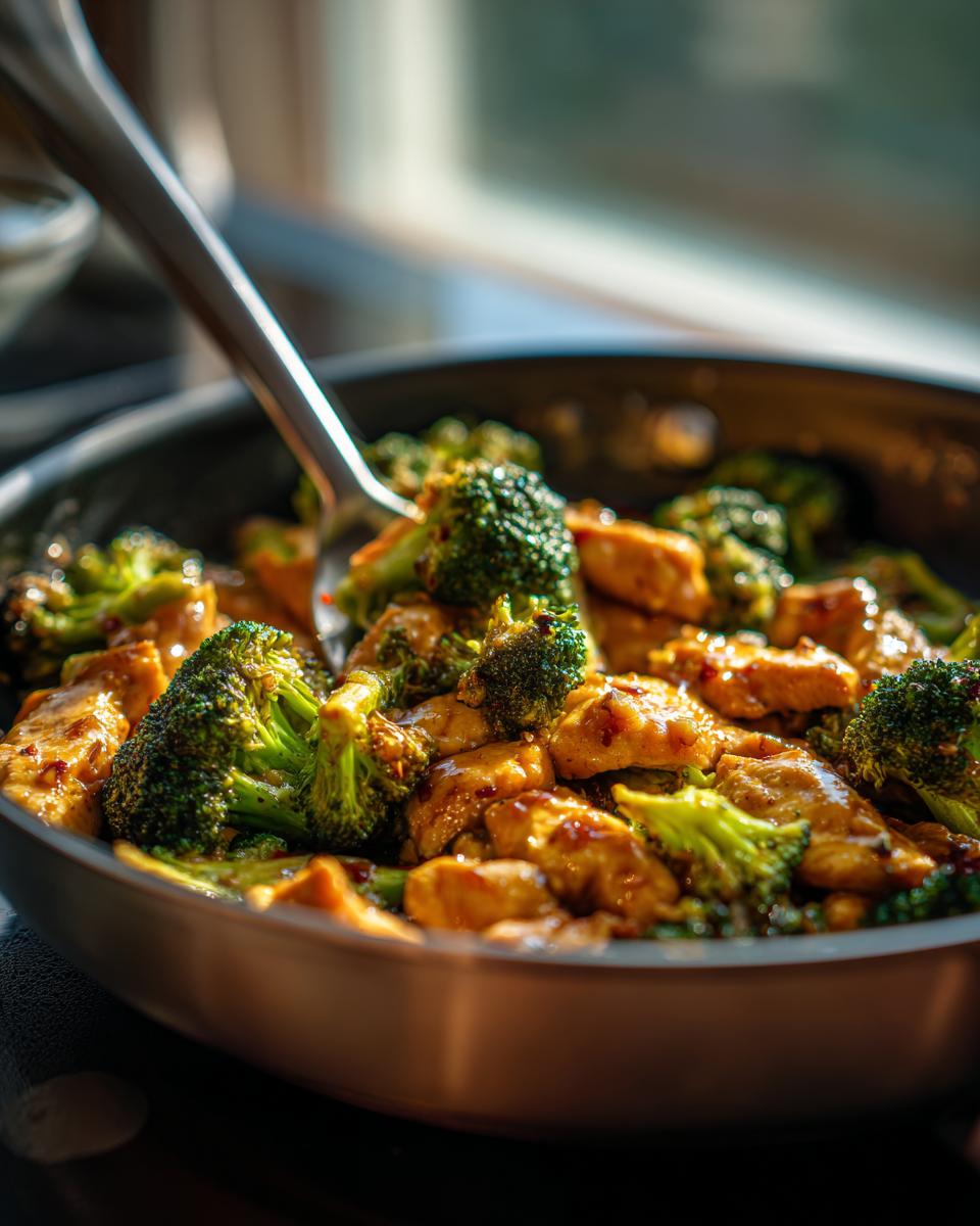 A close-up of Chicken Broccoli Skillet in a pan with a serving spoon.