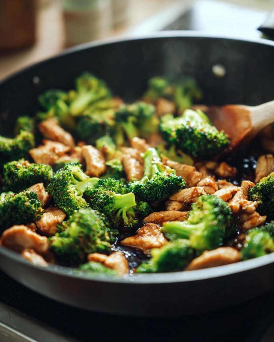 Close-up of Chicken Broccoli Skillet being cooked in a pan with a wooden spoon.