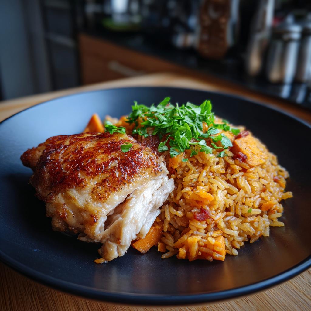 A plate of Chicken Broccoli Skillet with rice, sweet potato, and fresh herbs.