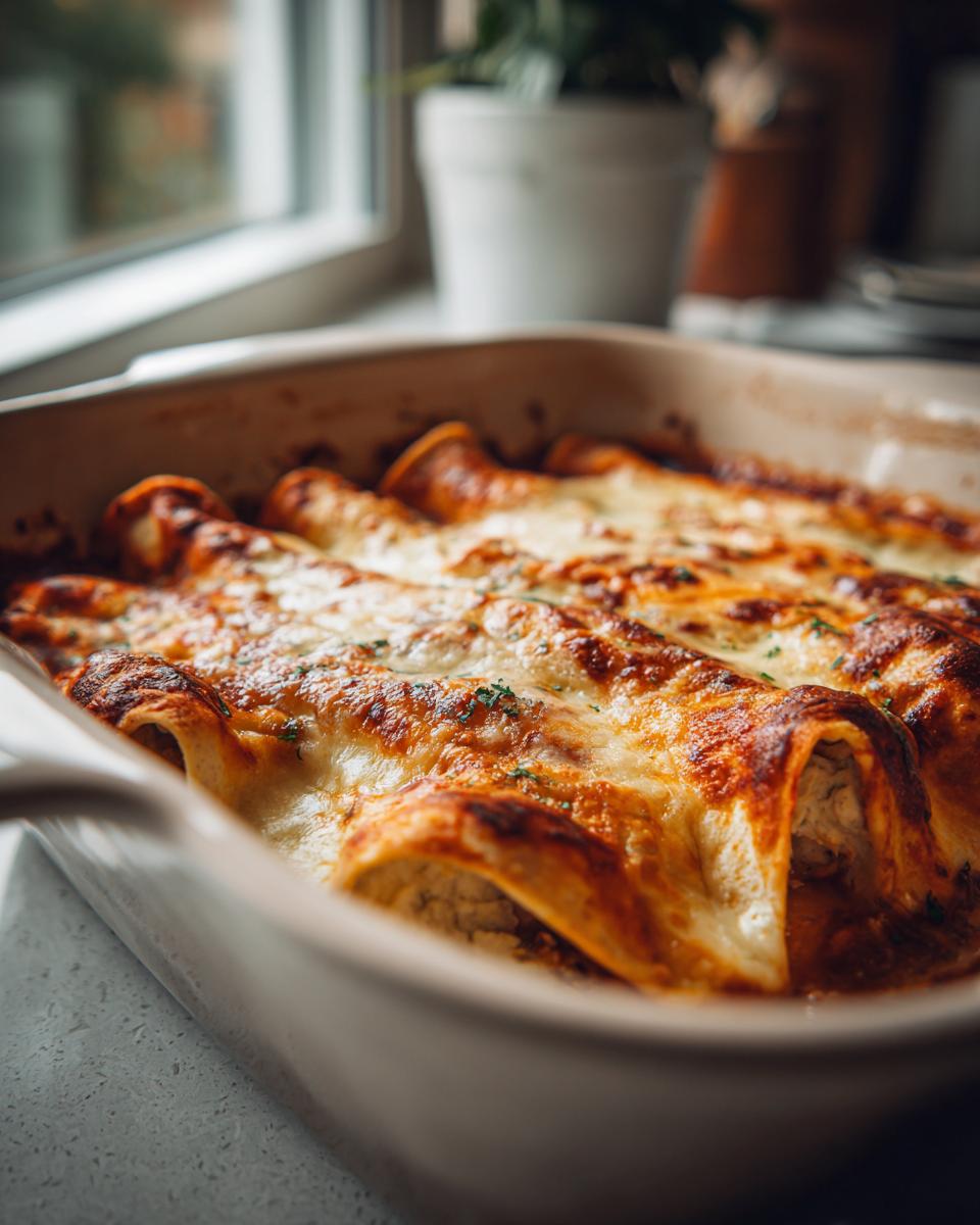 A baking dish filled with Chicken Cottage Cheese Enchilada, topped with melted cheese and herbs.